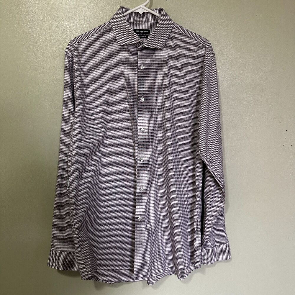 Karl Lagerfeld Dress Shirt Men's Size 16.5 34/35 L Slim Fit Stretch Houndstooth